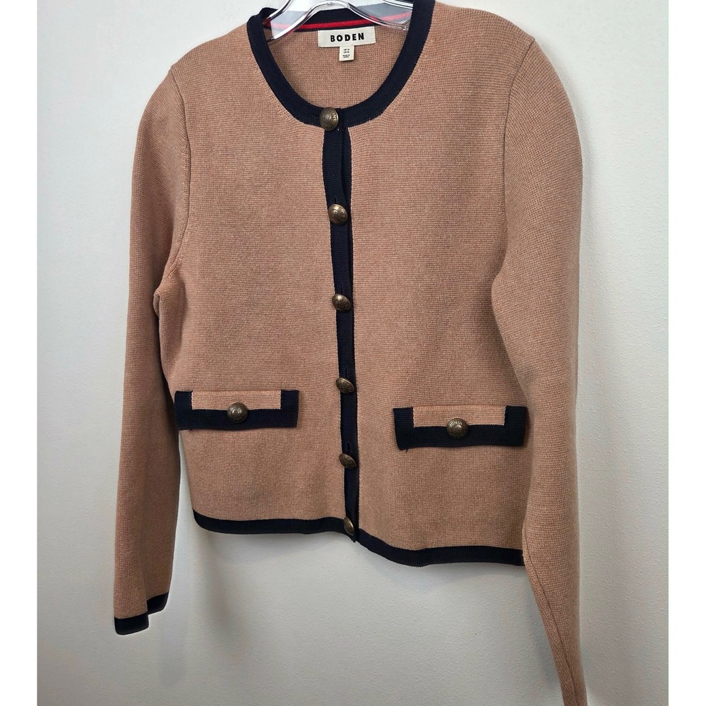Boden Holly Knitted Jacket Camel Navy Blue Cardigan Sweater Preppy Womens US 10 - Picture 5 of 13